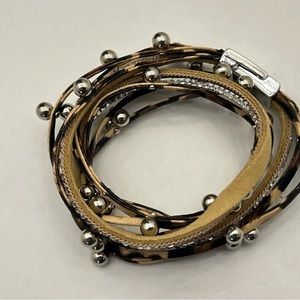 Faux Pearl PU Leather Wrapped Bracelet, Boho Style